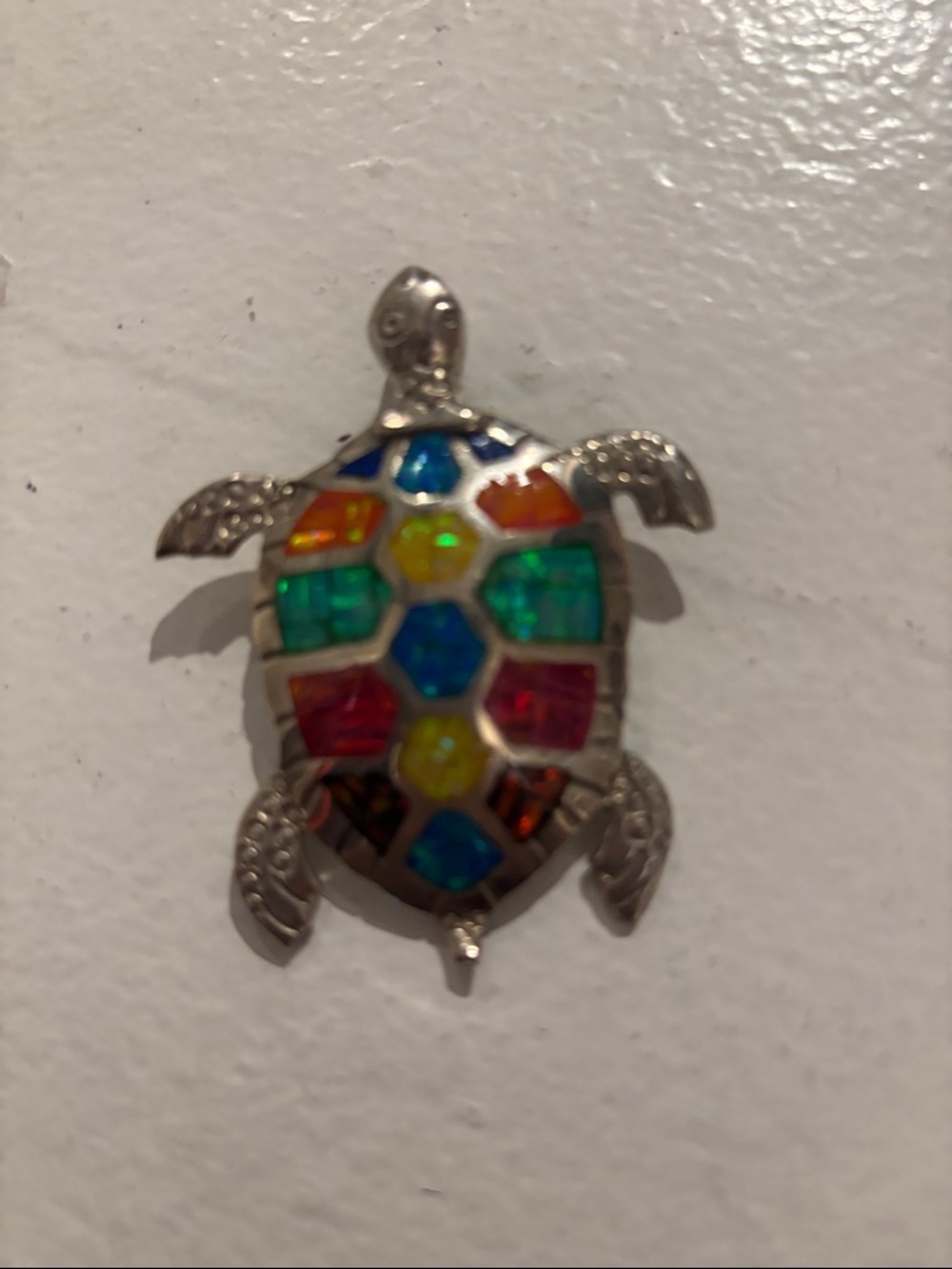 Silver Turtle Pendant with Multicolor Inlay - Women's Jewelry